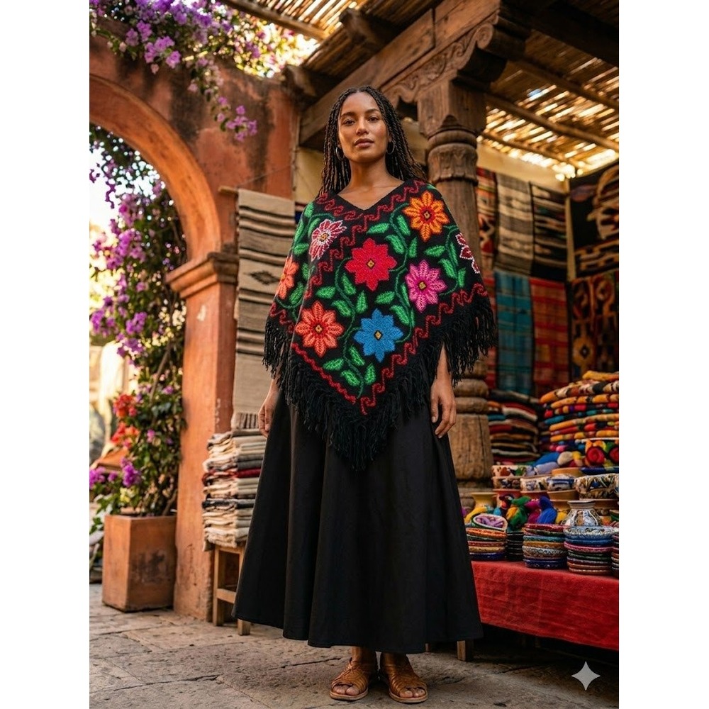 Vintage Handmade Mexican Wool Poncho Floral Embroidered Fringe Cape O/S Folk Art